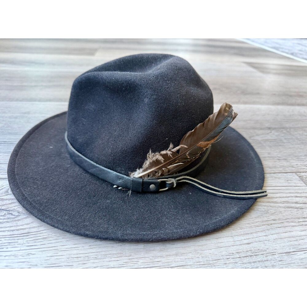 Woolmark Dark Brown Hat Fedora w/Leather Band Feathers Medium